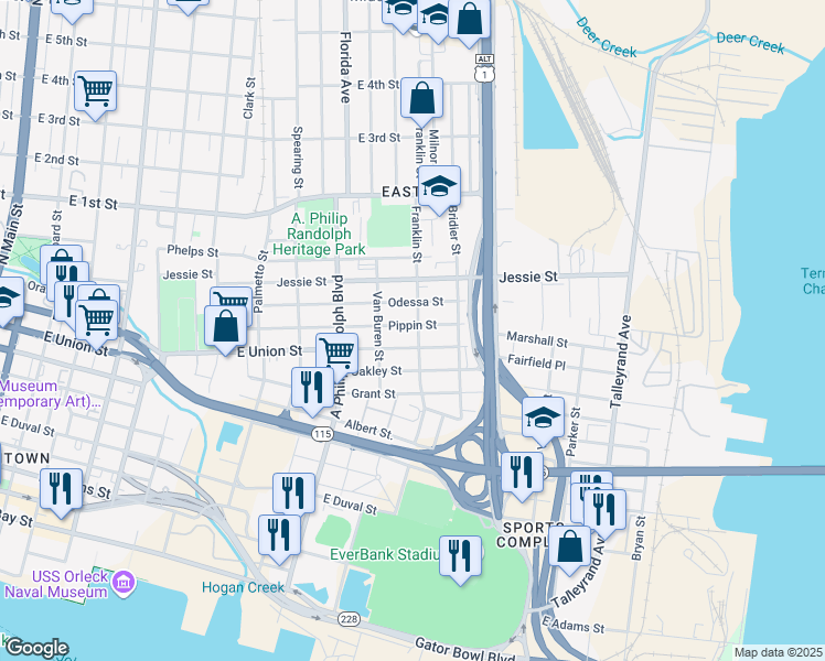 map of restaurants, bars, coffee shops, grocery stores, and more near 807 Franklin Street in Jacksonville