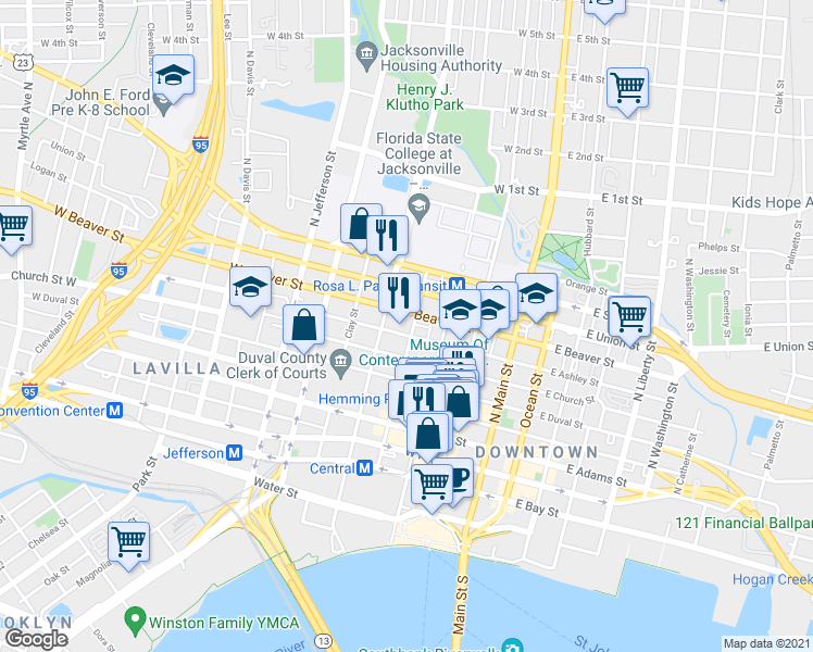 map of restaurants, bars, coffee shops, grocery stores, and more near 225 West Ashley Street in Jacksonville