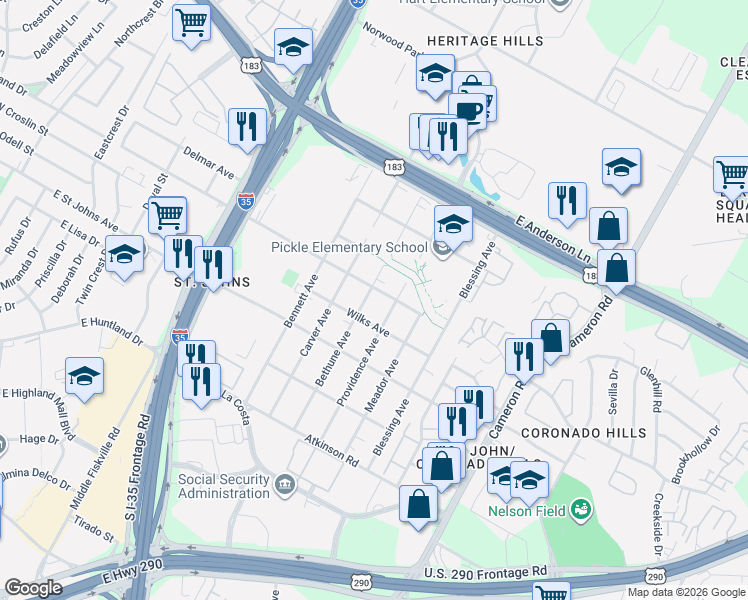 map of restaurants, bars, coffee shops, grocery stores, and more near 7306 Providence Avenue in Austin