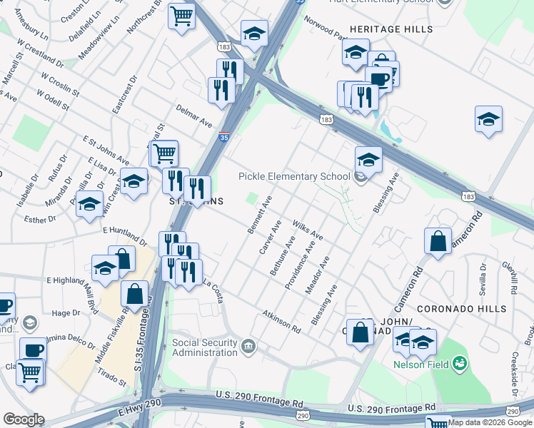 map of restaurants, bars, coffee shops, grocery stores, and more near 7205 Carver Avenue in Austin