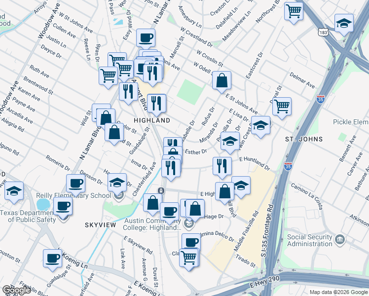 map of restaurants, bars, coffee shops, grocery stores, and more near 6627 Isabelle Drive in Austin