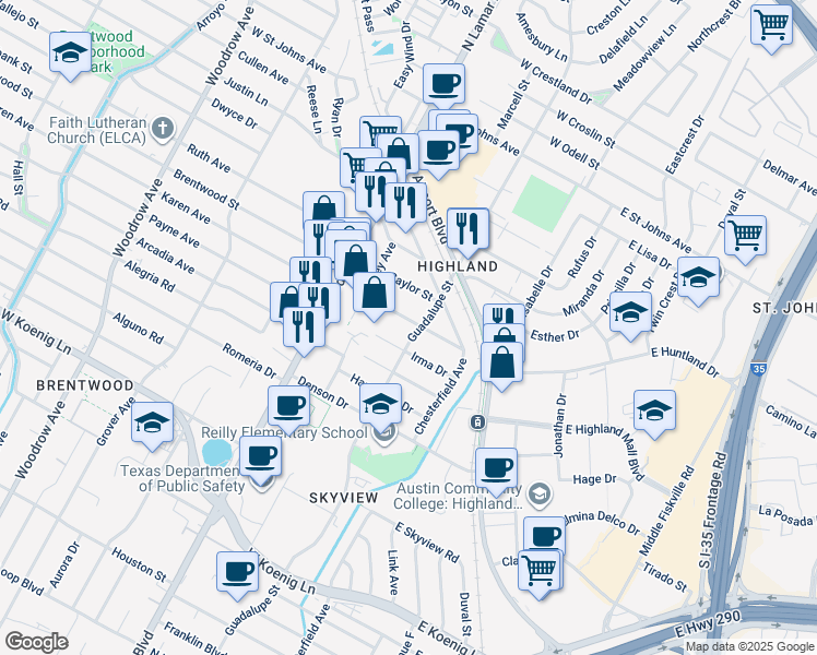 map of restaurants, bars, coffee shops, grocery stores, and more near 600 Irma Drive in Austin