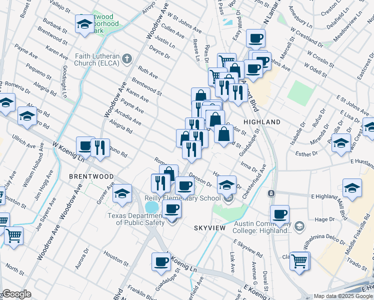 map of restaurants, bars, coffee shops, grocery stores, and more near 6310 North Lamar Boulevard in Austin
