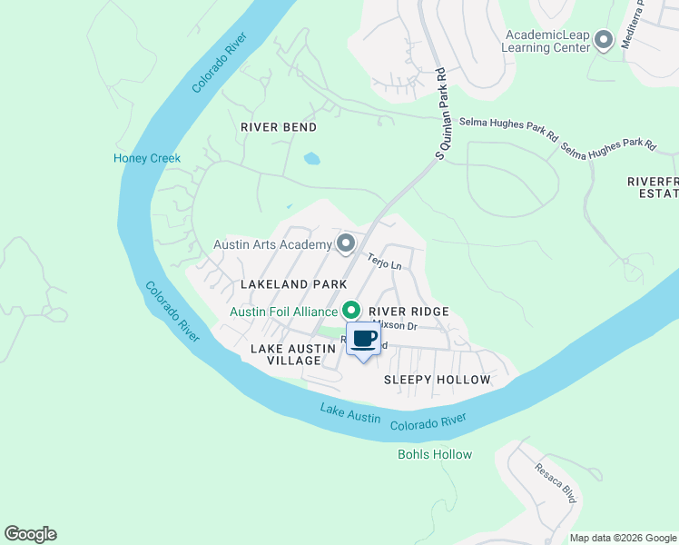map of restaurants, bars, coffee shops, grocery stores, and more near 1203 South Quinlan Park Road in Austin