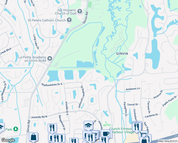 map of restaurants, bars, coffee shops, grocery stores, and more near 602 Ashcroft Landing Drive in Jacksonville