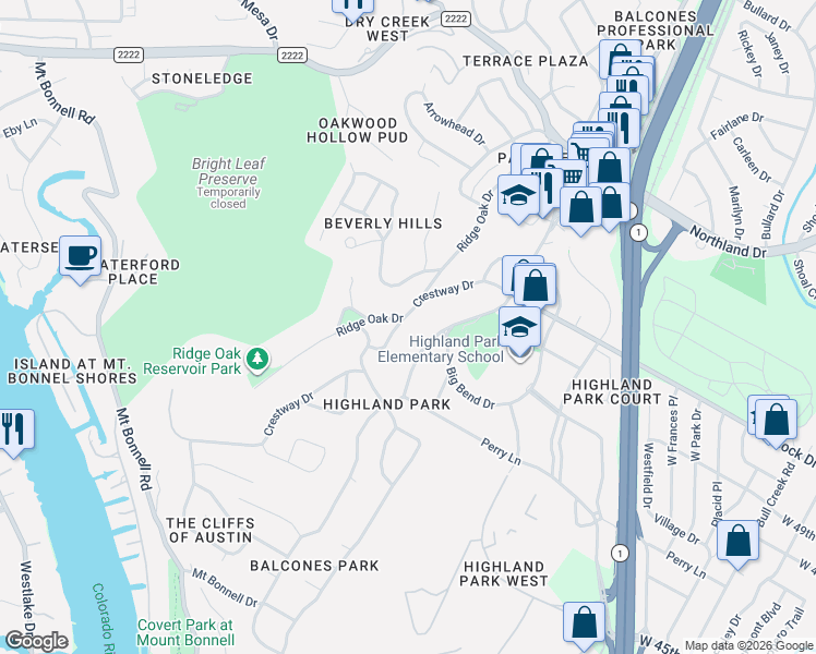 map of restaurants, bars, coffee shops, grocery stores, and more near 4801 Crestway Drive in Austin