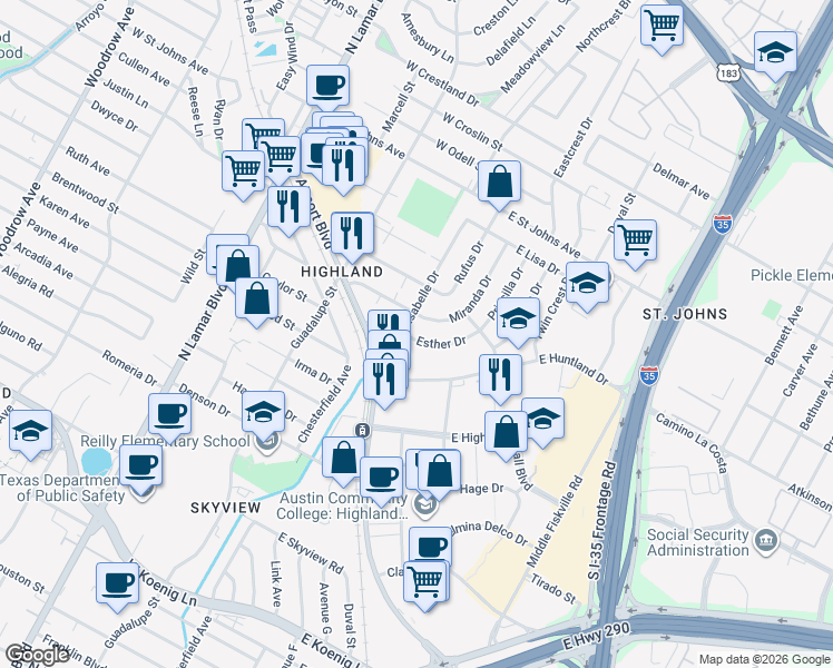 map of restaurants, bars, coffee shops, grocery stores, and more near 6627 Isabelle Drive in Austin