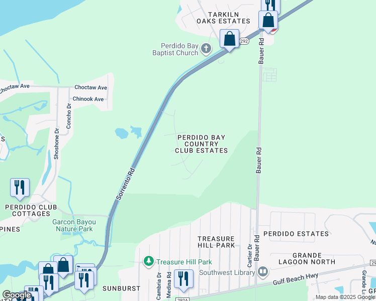 map of restaurants, bars, coffee shops, grocery stores, and more near 12640 Bahia Court in Pensacola