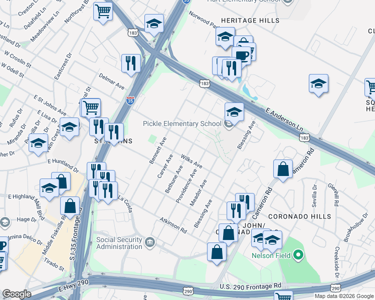 map of restaurants, bars, coffee shops, grocery stores, and more near 1008 Wilks Avenue in Austin