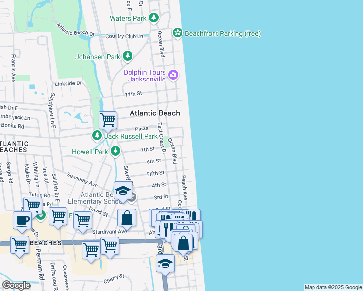 map of restaurants, bars, coffee shops, grocery stores, and more near 659 Beach Avenue in Atlantic Beach