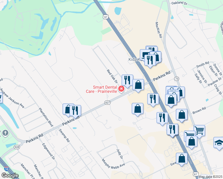 map of restaurants, bars, coffee shops, grocery stores, and more near 37236 Perkins Road in Prairieville