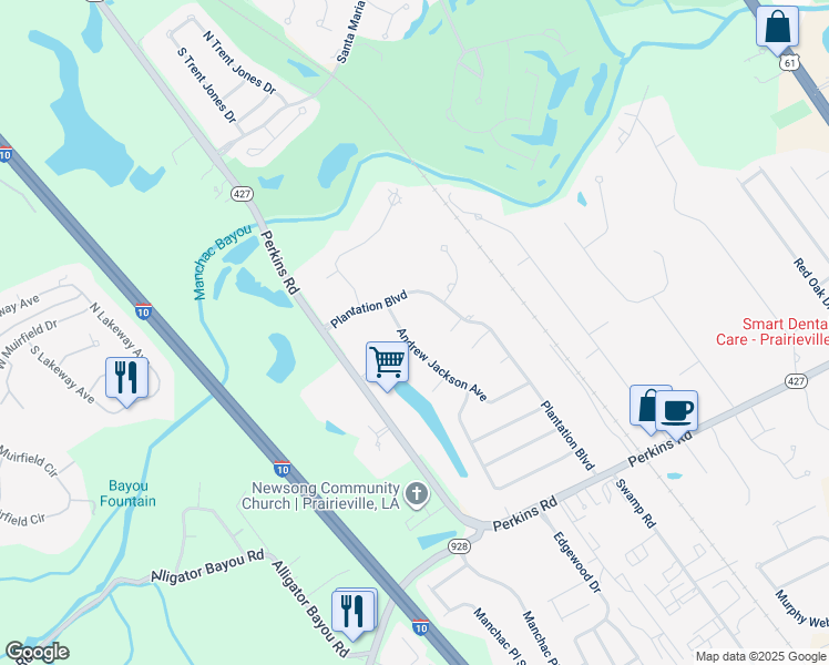 map of restaurants, bars, coffee shops, grocery stores, and more near 18621 Andrew Jackson Avenue in Prairieville