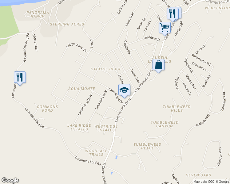 map of restaurants, bars, coffee shops, grocery stores, and more near 9812 Lake Ridge Drive in Austin