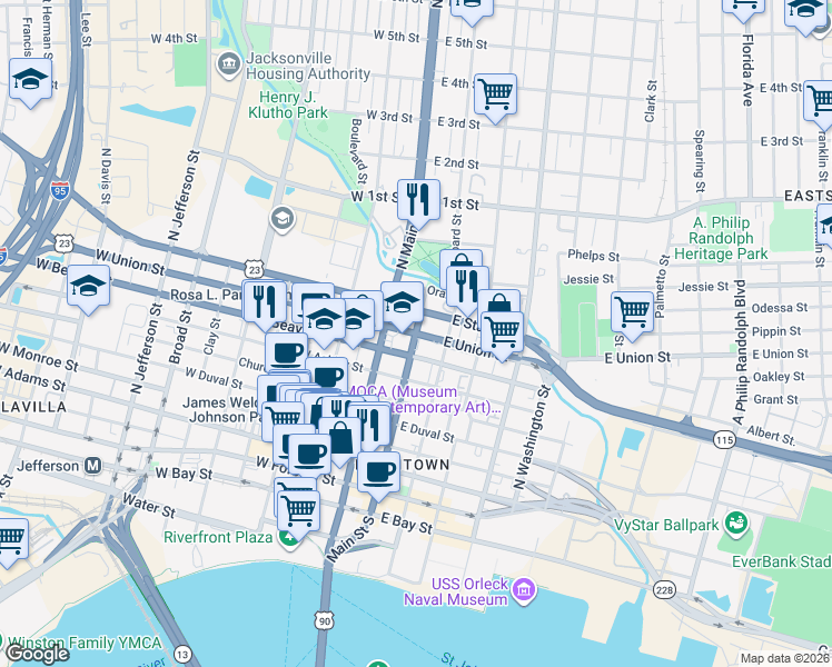 map of restaurants, bars, coffee shops, grocery stores, and more near N Ocean St & E Union St in Jacksonville