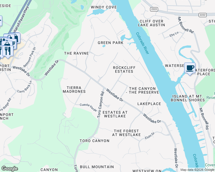 map of restaurants, bars, coffee shops, grocery stores, and more near 4000 Shadow Oak Lane in Austin
