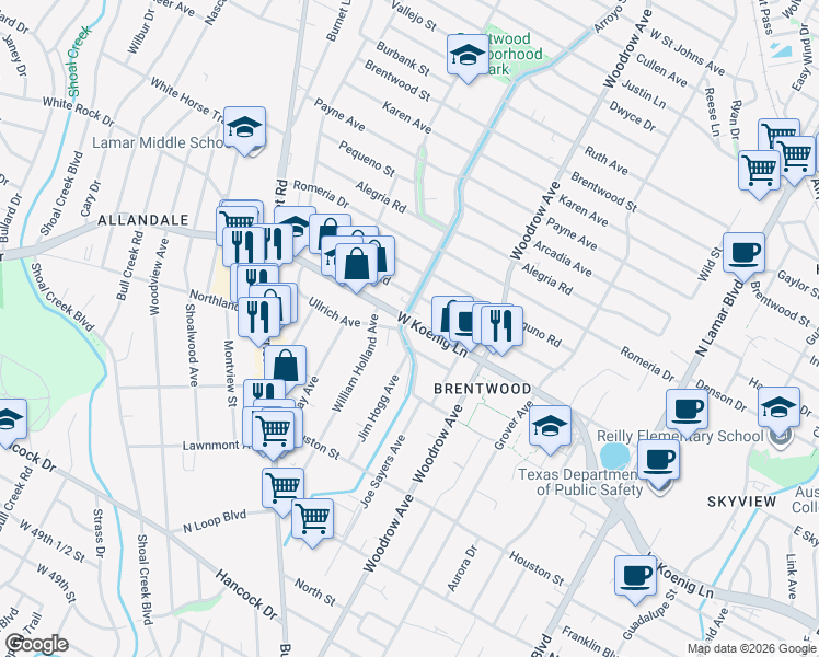 map of restaurants, bars, coffee shops, grocery stores, and more near 1518 Ullrich Avenue in Austin