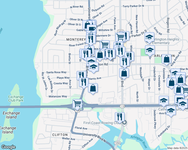 map of restaurants, bars, coffee shops, grocery stores, and more near 1201 University Boulevard North in Jacksonville