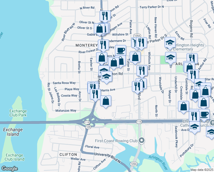 map of restaurants, bars, coffee shops, grocery stores, and more near 1201 University Boulevard North in Jacksonville