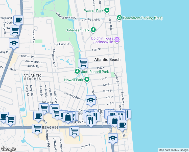 map of restaurants, bars, coffee shops, grocery stores, and more near 369 7th Street in Atlantic Beach