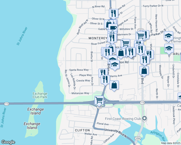 map of restaurants, bars, coffee shops, grocery stores, and more near 5452 Playa Way in Jacksonville