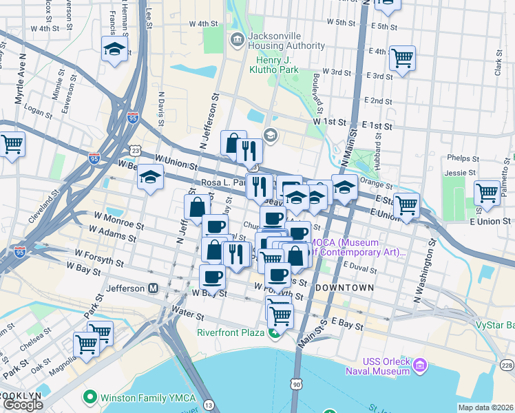 map of restaurants, bars, coffee shops, grocery stores, and more near 320 West Church Street in Jacksonville