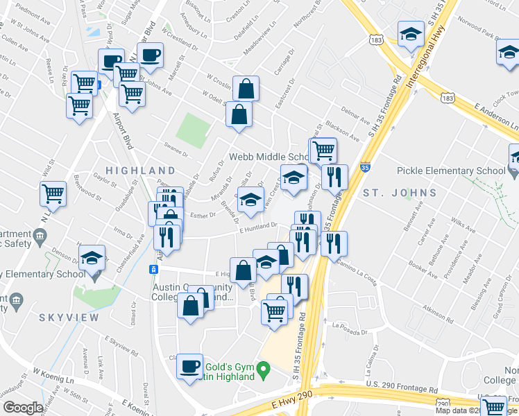 map of restaurants, bars, coffee shops, grocery stores, and more near 300 East Huntland Drive in Austin