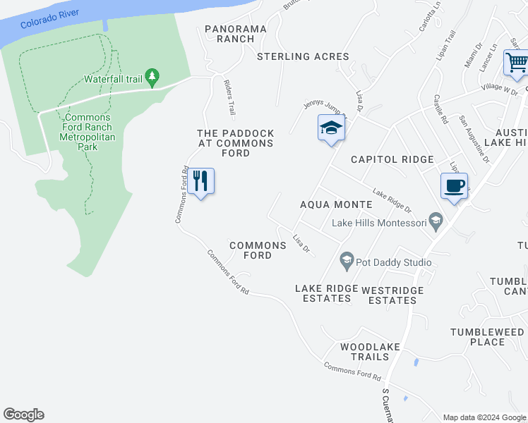 map of restaurants, bars, coffee shops, grocery stores, and more near 10212 Thristle Ridge in Austin