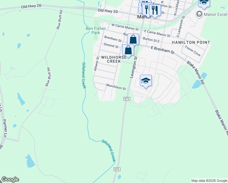 map of restaurants, bars, coffee shops, grocery stores, and more near 11811 Bastrop Street in Manor
