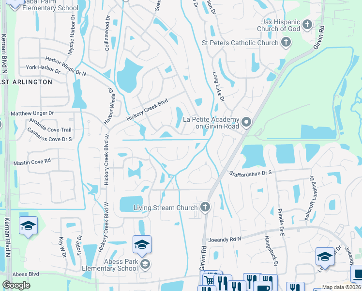 map of restaurants, bars, coffee shops, grocery stores, and more near 12753 Meadowsweet Lane in Jacksonville