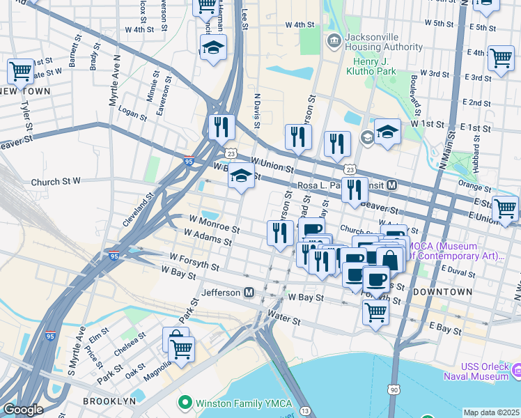 map of restaurants, bars, coffee shops, grocery stores, and more near 501 North Davis Street in Jacksonville