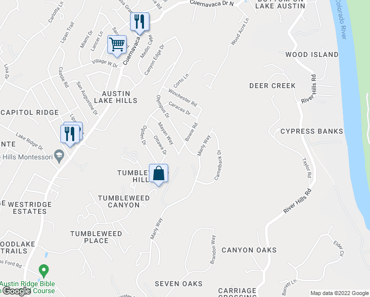 map of restaurants, bars, coffee shops, grocery stores, and more near 1102 Bowie Road in Austin
