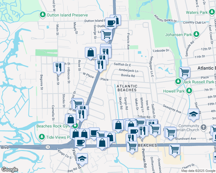 map of restaurants, bars, coffee shops, grocery stores, and more near 900 Plaza in Atlantic Beach