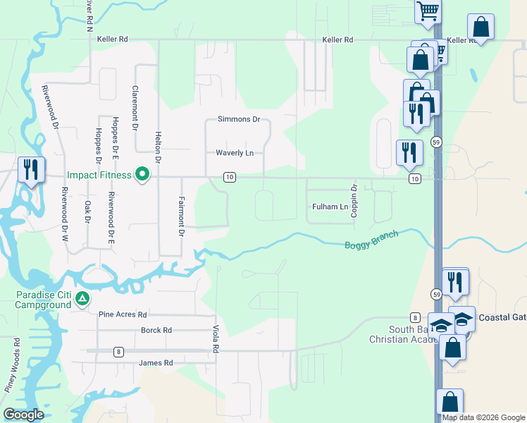 map of restaurants, bars, coffee shops, grocery stores, and more near 19174 County Road 10 in Foley