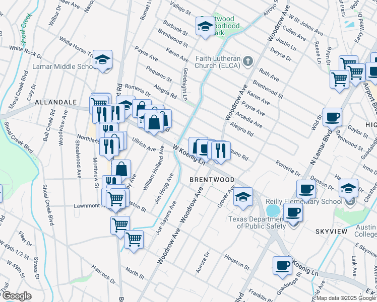 map of restaurants, bars, coffee shops, grocery stores, and more near 1518 Ullrich Avenue in Austin