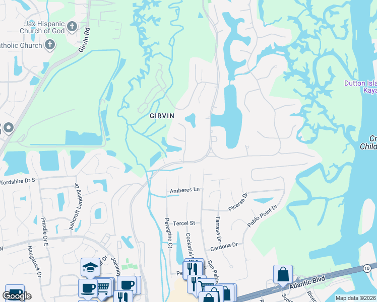 map of restaurants, bars, coffee shops, grocery stores, and more near 638 Queens Harbor Boulevard in Jacksonville