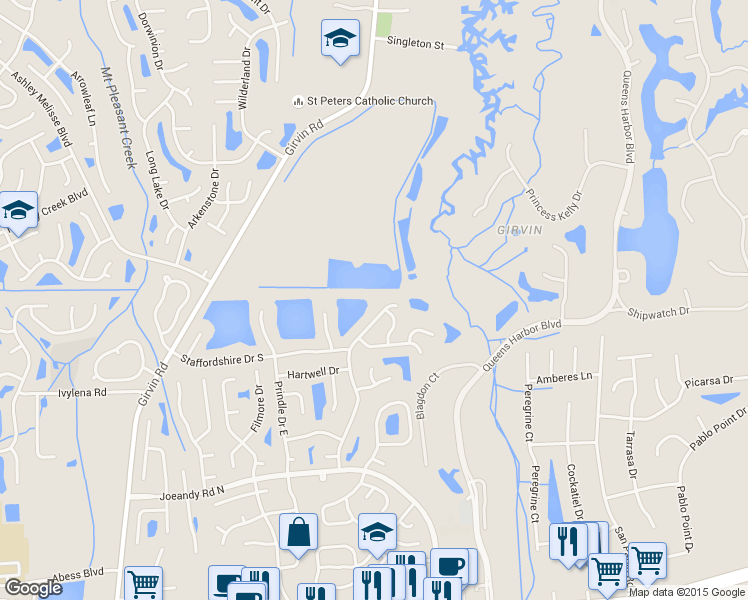 map of restaurants, bars, coffee shops, grocery stores, and more near 578 Ashcroft Landing Drive in Jacksonville