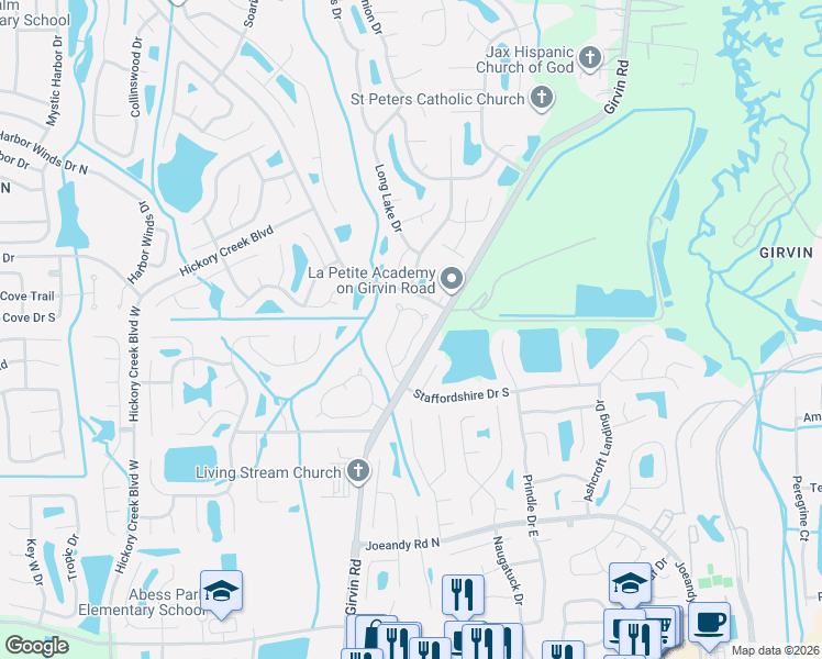 map of restaurants, bars, coffee shops, grocery stores, and more near 595 Staffordshire Drive East in Jacksonville