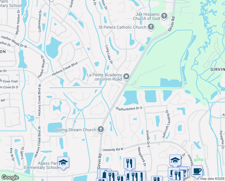 map of restaurants, bars, coffee shops, grocery stores, and more near 591 Staffordshire Drive in Jacksonville