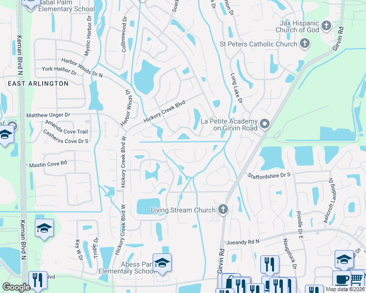 map of restaurants, bars, coffee shops, grocery stores, and more near 12644 Lazy Meadow Drive North in Jacksonville