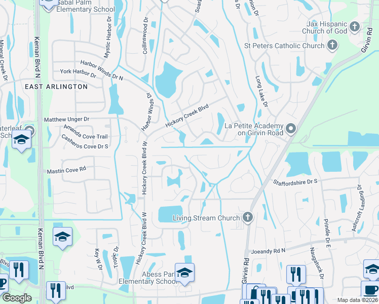 map of restaurants, bars, coffee shops, grocery stores, and more near 610 Lazy Meadow Drive North in Jacksonville