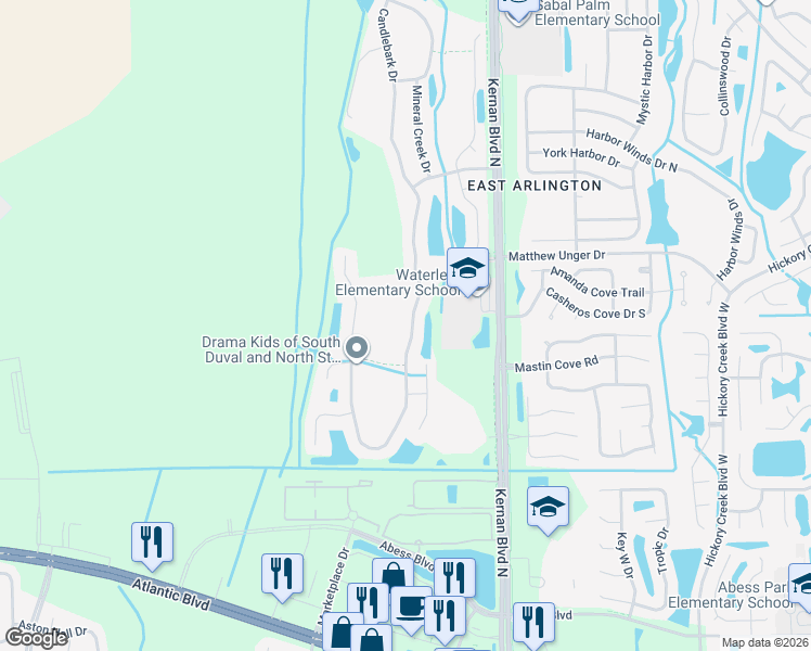 map of restaurants, bars, coffee shops, grocery stores, and more near 592 Candlebark Drive in Jacksonville