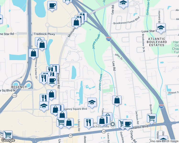 map of restaurants, bars, coffee shops, grocery stores, and more near 511 Chancellor Drive East in Jacksonville