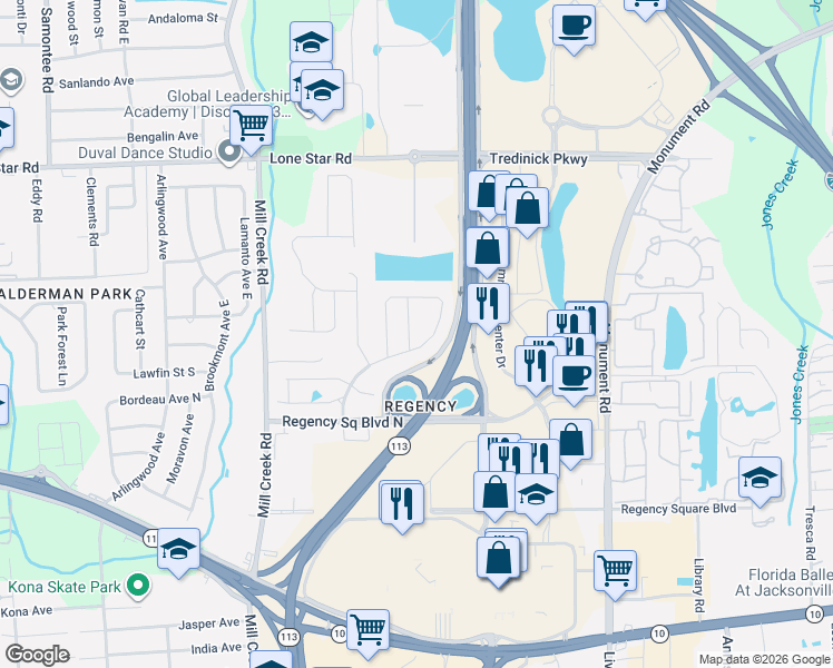 map of restaurants, bars, coffee shops, grocery stores, and more near 1106 Silver King Road in Jacksonville