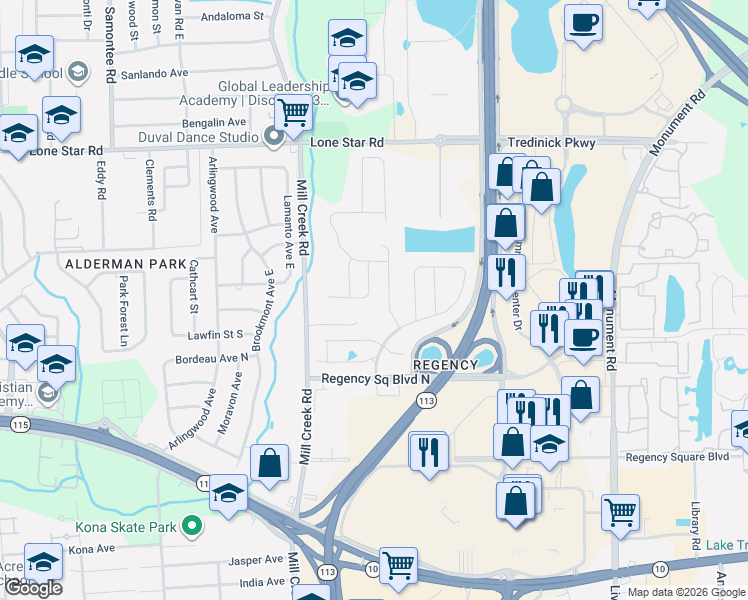 map of restaurants, bars, coffee shops, grocery stores, and more near 1119 Ballard Ridge Road in Jacksonville