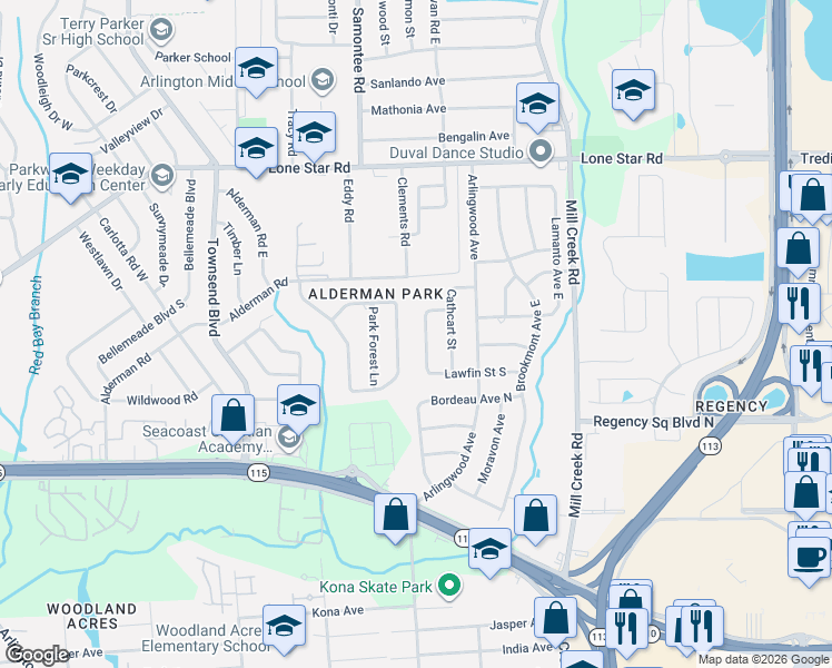 map of restaurants, bars, coffee shops, grocery stores, and more near 959 Parkridge Circle North in Jacksonville