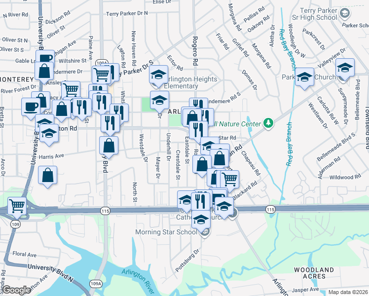 map of restaurants, bars, coffee shops, grocery stores, and more near 1078 Rogero Road in Jacksonville