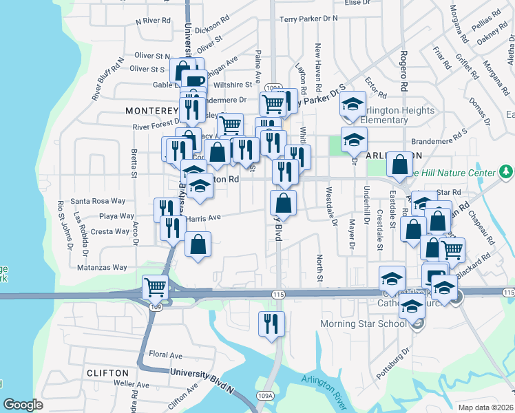 map of restaurants, bars, coffee shops, grocery stores, and more near 5860 Harris Avenue in Jacksonville