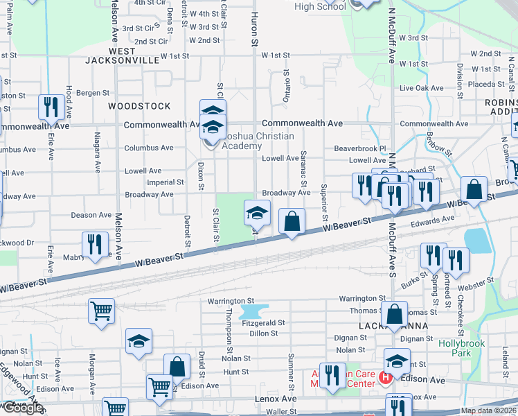 map of restaurants, bars, coffee shops, grocery stores, and more near 723 Huron Street in Jacksonville