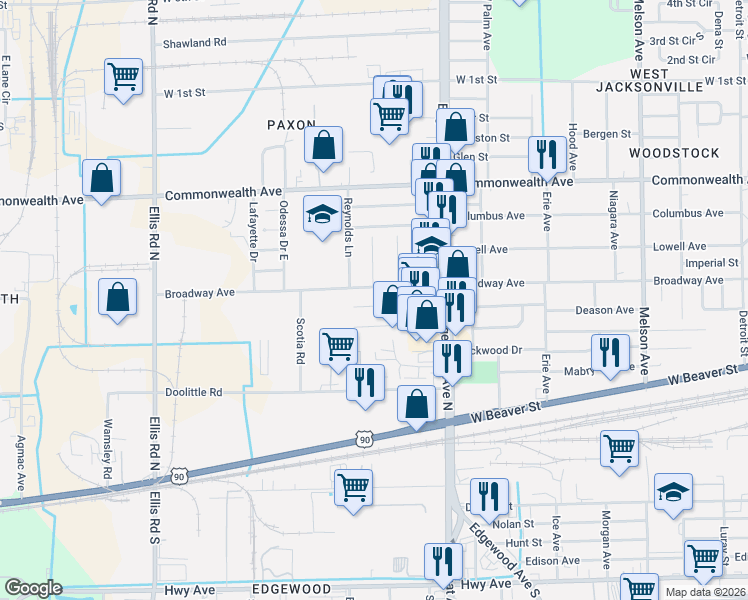 map of restaurants, bars, coffee shops, grocery stores, and more near 5125 Abel Lane in Jacksonville