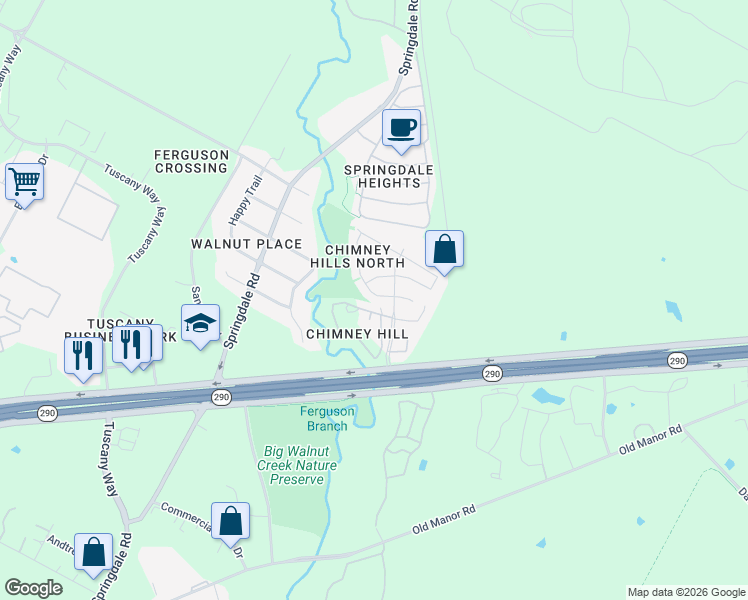 map of restaurants, bars, coffee shops, grocery stores, and more near 8912 Barons Court in Austin